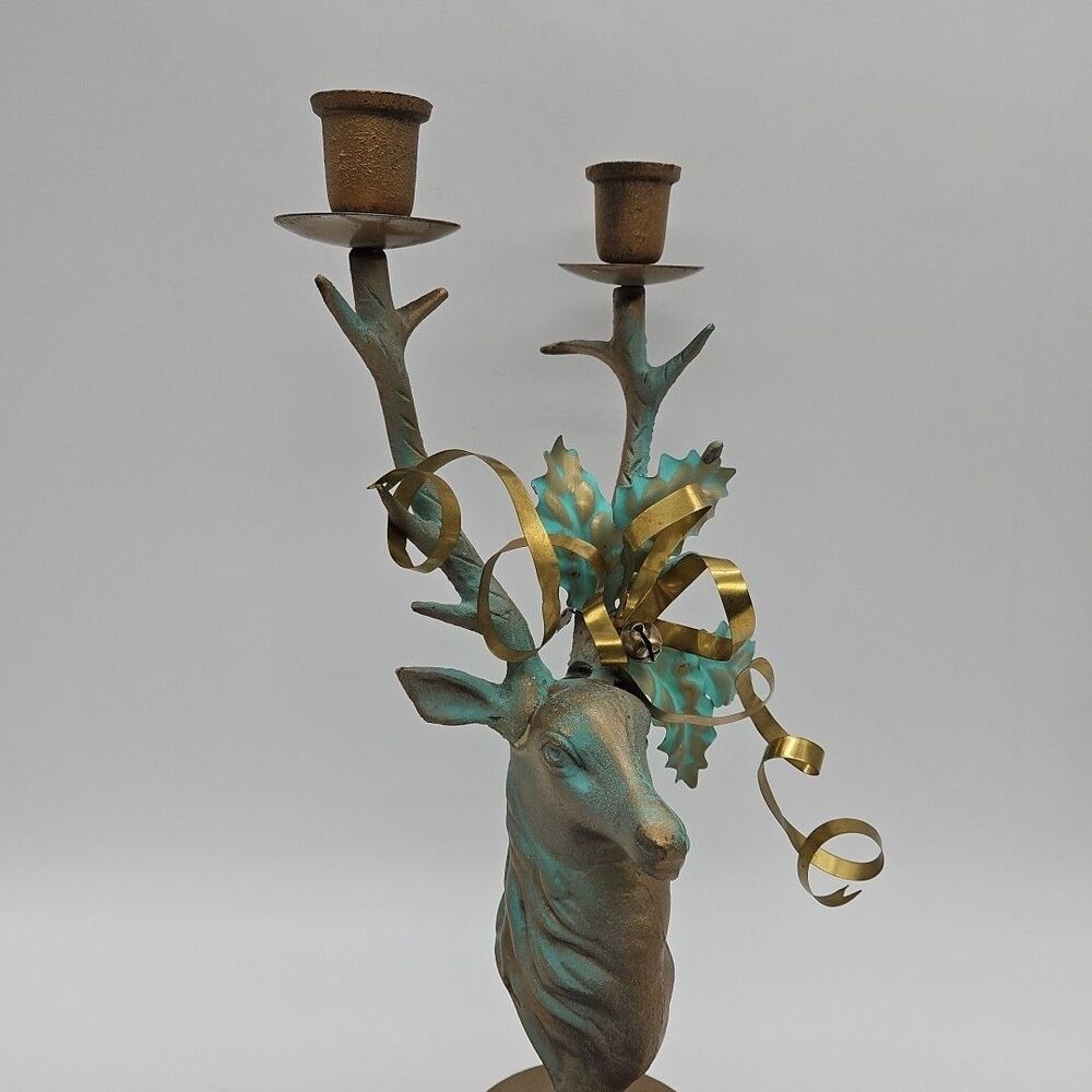 Vtg Dept 56 Cast Iron Deer Antler Bust Candlestick Holder 14" - Repaired